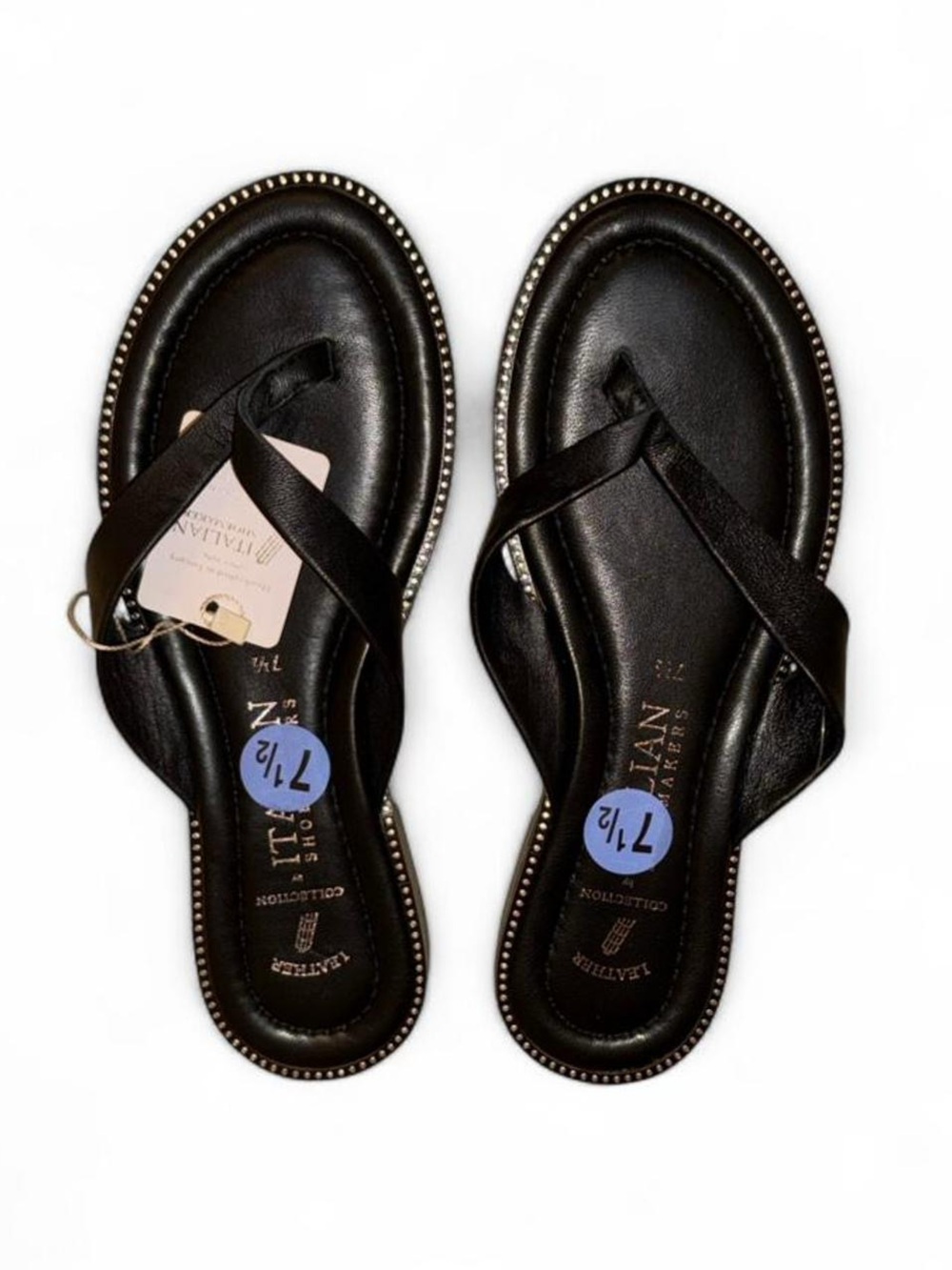 Italian Shoemakers Black Leather Thong Sandals with Stud Trim